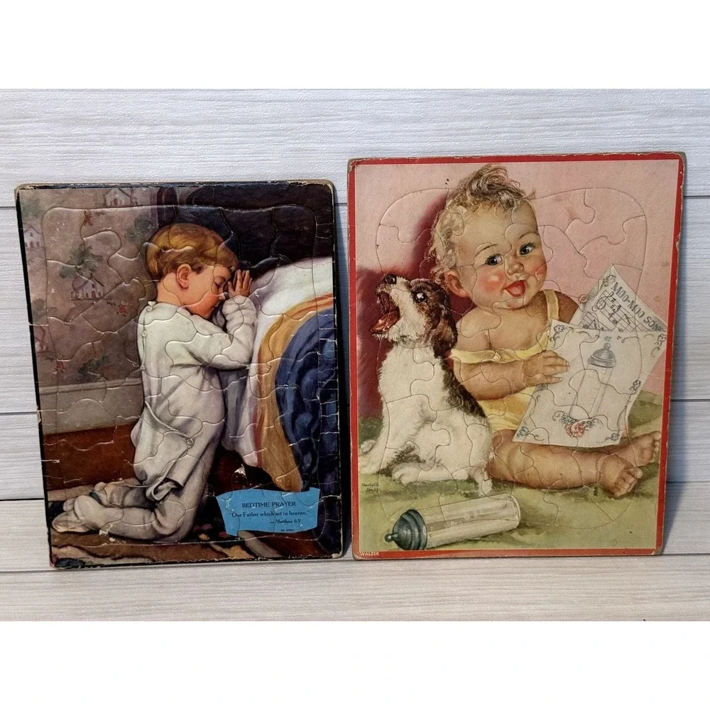 Vintage Bedtime Prayer & Charlotte Becker Baby Puppy Cardboard Tray Puzzles Set